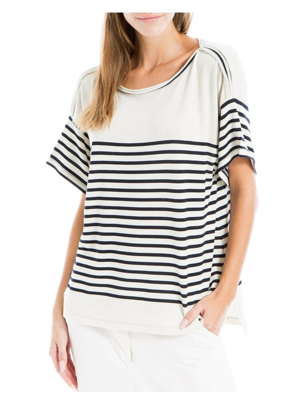 NWT Max Studio London Striped Boatneck Knit Top Navy Cream